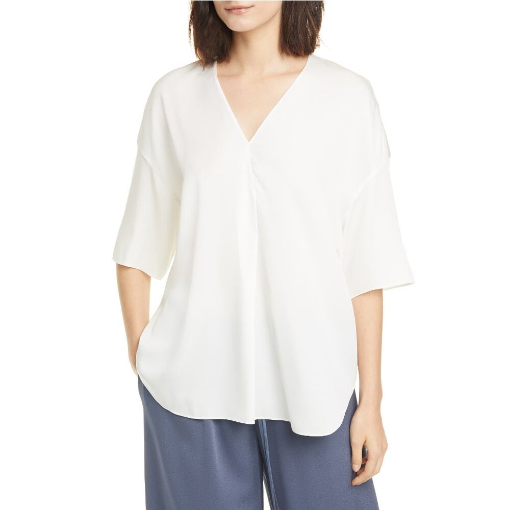 NWT VINCE Elbow Sleeve Silk Top, Small, Off White, Work to Weekend Blouse